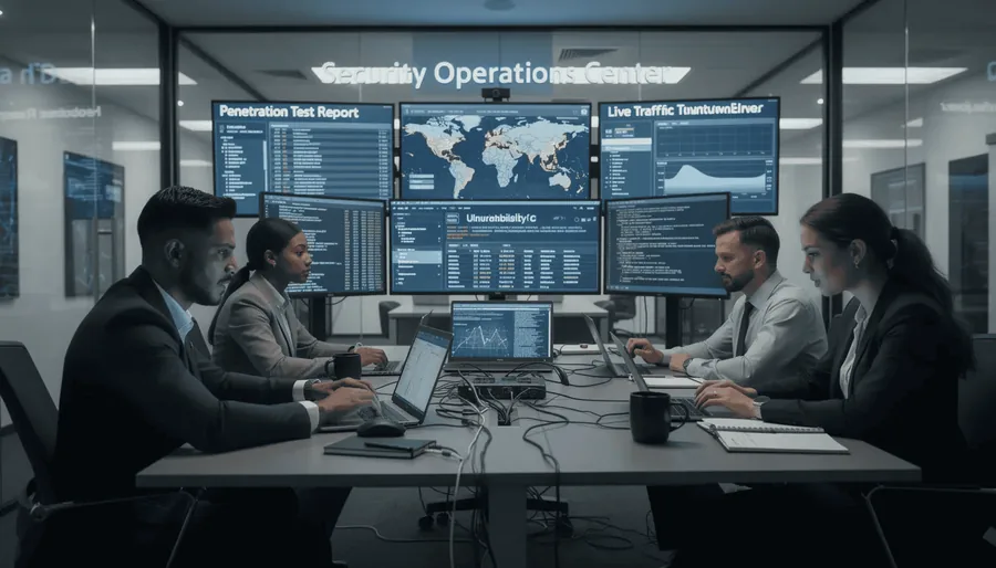 A team of security professionals is engaged in penetration testing, utilizing laptops and various analysis tools to identify potential vulnerabilities in a target system. This proactive approach is essential for uncovering security weaknesses and ensuring the protection of sensitive data against cyber threats.