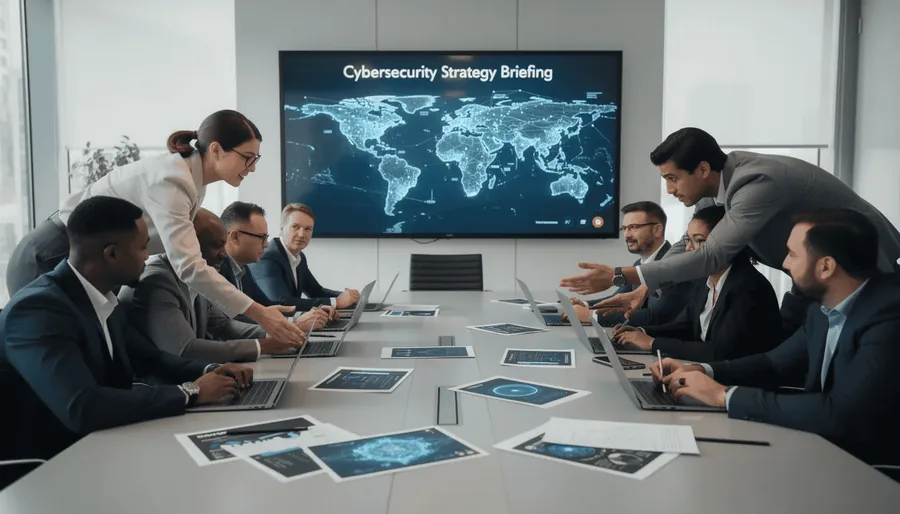 A security team is gathered around a table, actively discussing their cybersecurity strategy while using laptops and reviewing documents. This meeting emphasizes the importance of penetration testing to identify vulnerabilities and strengthen their security posture against potential cyber threats and data breaches.