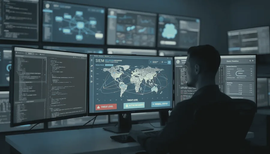A cybersecurity professional is intently monitoring a network security dashboard displayed on multiple screens, which showcase various metrics and alerts related to security vulnerabilities and potential cyber threats. This proactive approach is crucial for identifying weaknesses and ensuring the security posture of the organization through regular penetration testing and effective security measures.